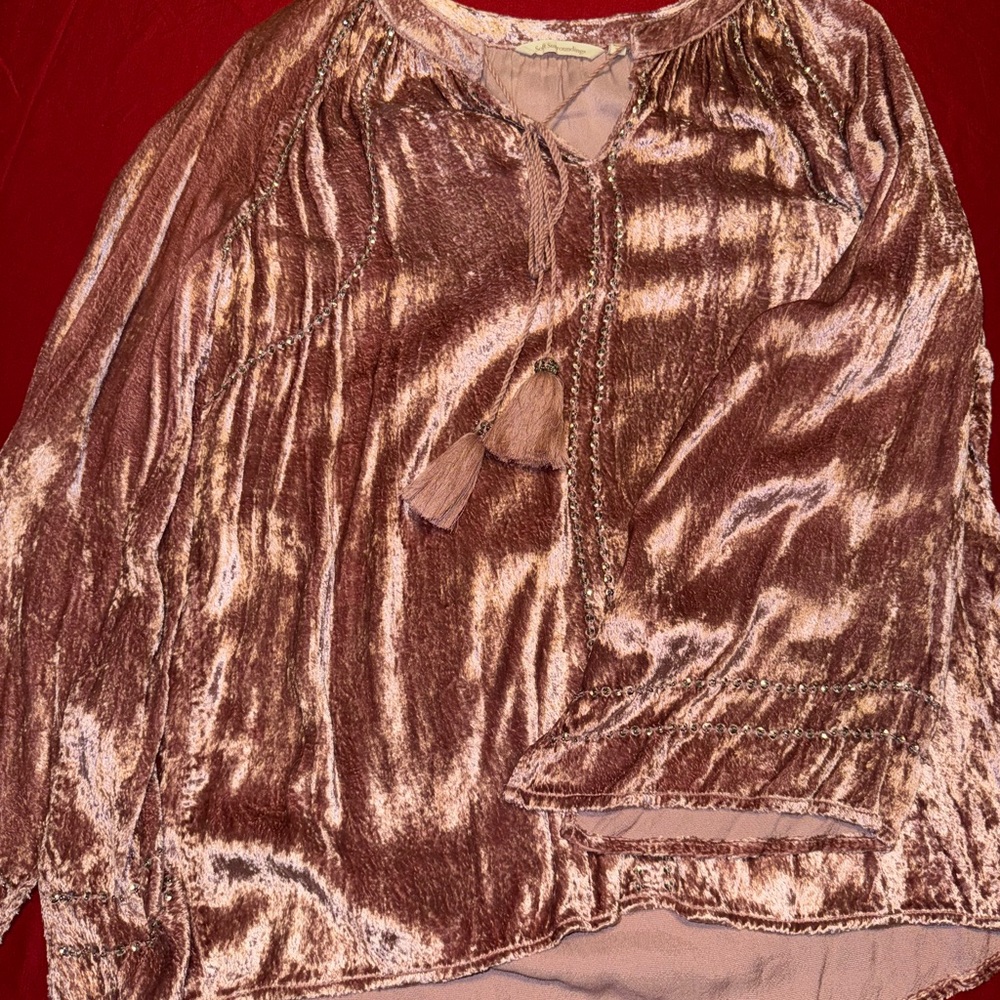 Soft Surroundings Velvet Pink Blouse with Tassels Size LARGE